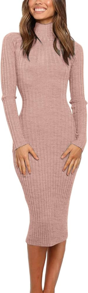 MEROKEETY Women's Ribbed Long Sleeve Sweater Dress High Neck Slim Fit Knitted Midi Dress | Amazon (US)