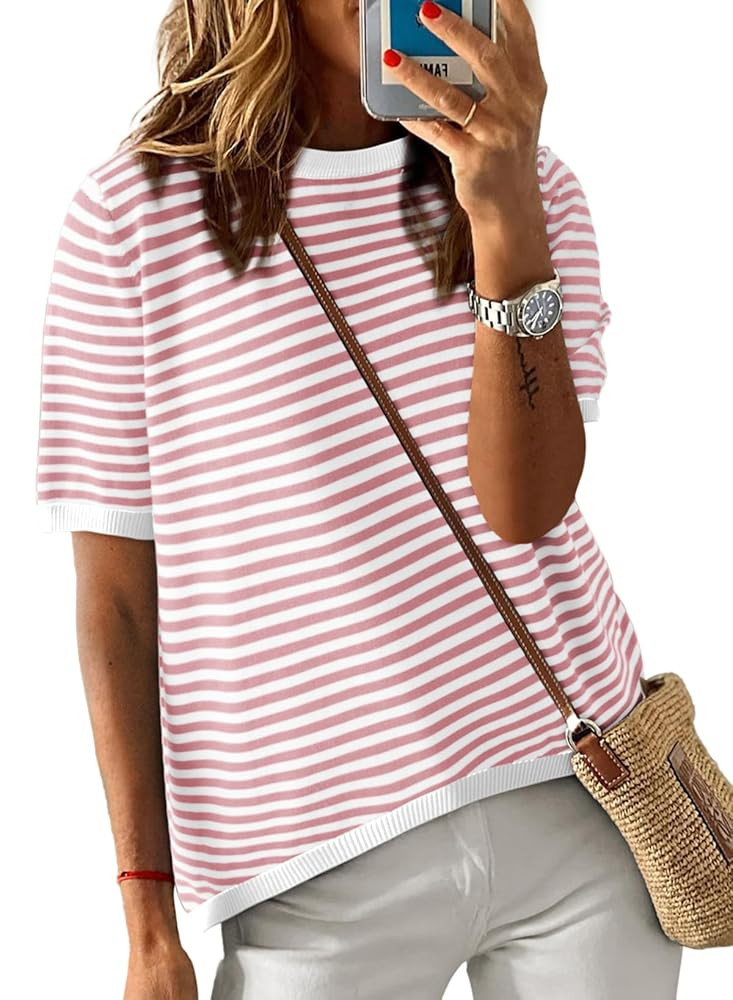 Dokotoo Womens Summer Tops Casual Short Sleeve Striped Shirt Ladies Crewneck Knit Tshirts Shirts ... | Amazon (US)