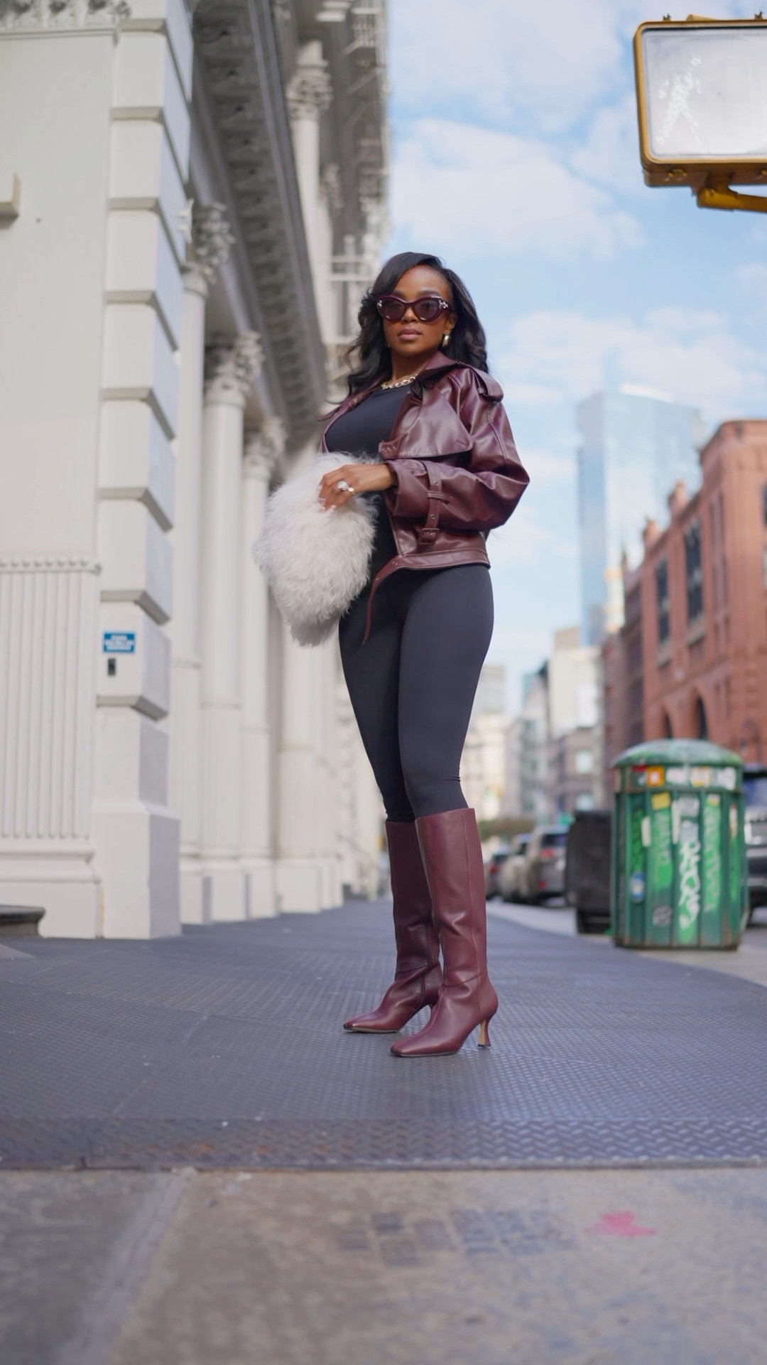A chic NYC moment in rich chocolate tones — this faux-leather jacket and tall boots elevate the simplest base layers. Love how the textures play together with the fuzzy bag for a polished but wearable city look.

Tap to get details.

📏 Sizing: Wearing size S  
Kira’s measurements: 5’4”, 138 lbs, 34D, 27” waist, 40” hips

fall street style outfit, brown knee high boots, faux leather bomber jacket look, chic neutral winter outfit, NYC fashion outfit ideas

Follow me on Instagram and YouTube @kirasfashionfinds