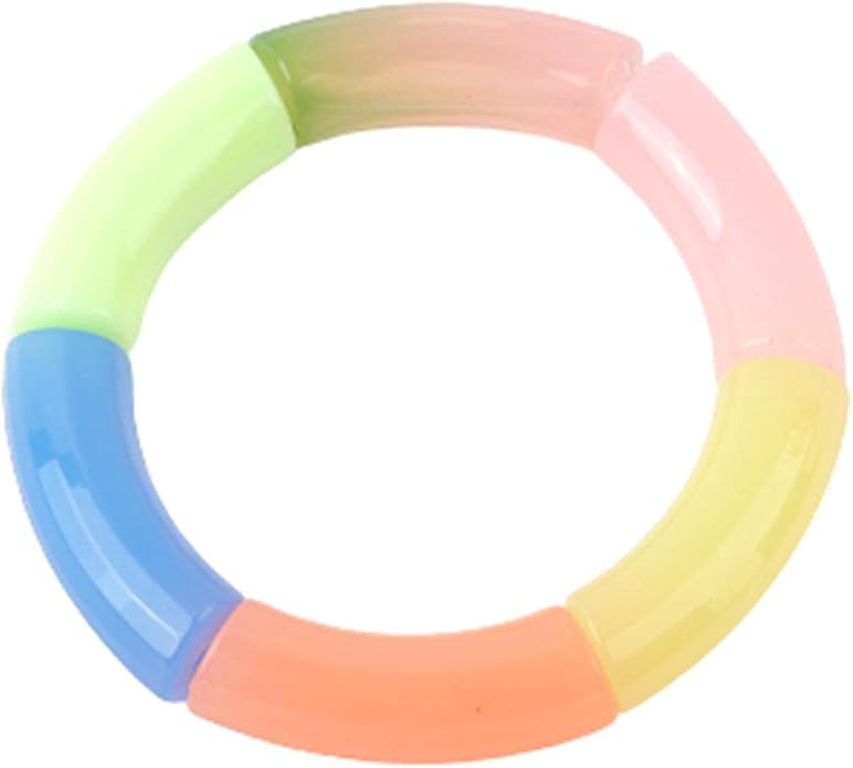 Colorful Bamboo Tube Elastic Bracelet Chunky Curved Acrylic Beads Stretchable Bracelets Geometric... | Amazon (US)