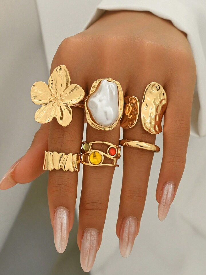 6pcs/Set Retro Metallic Flower & Rhinestone Design Rings, Faux Pearl Embellished, Can Be Worn Individually Or Stacked, Suitable For Women's Daily Outfit, Decoration, Dates, Gatherings, Parties Valentines,Mom,Mother,Mother's Day,Gift | SHEIN