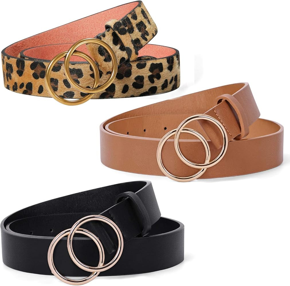 3 Pack Double Ring Belt for Women, Faux Leather Jeans Belts with Golden Circle Buckle | Amazon (US)