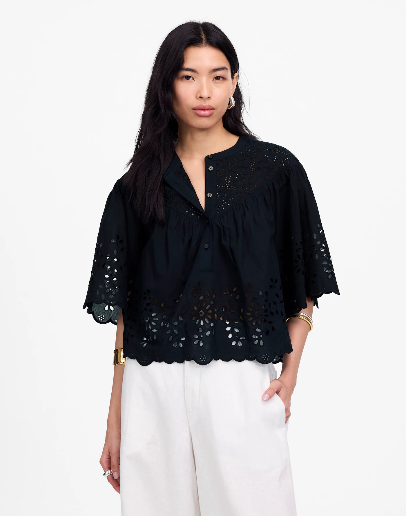 Embroidered Shirred Henley Top | Madewell