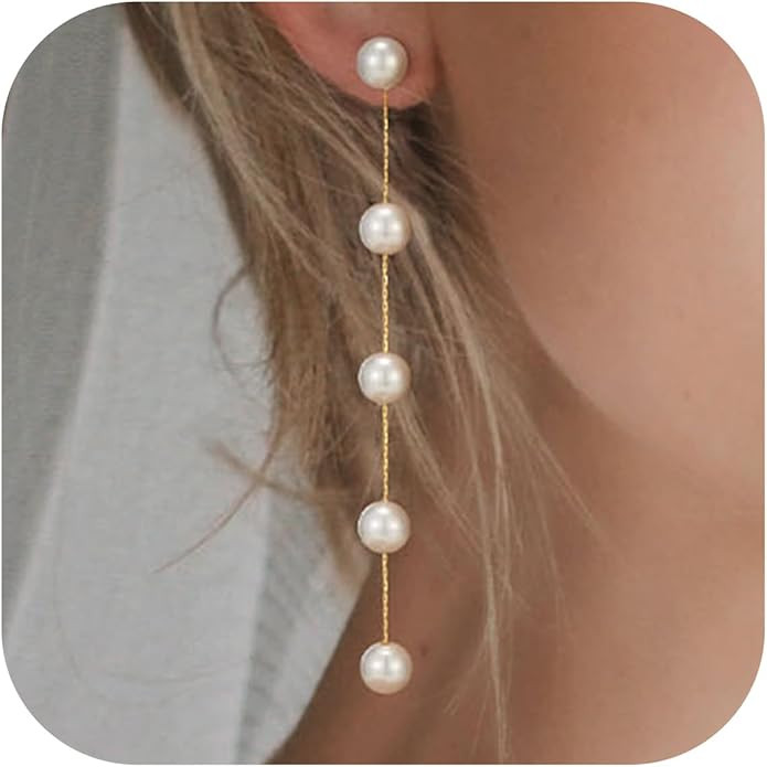 SWEETV 14K Gold Plated Long Pearl Drop Dangle Earrings for Women, Tassel Chain Baroque Pearl Wedd... | Amazon (US)