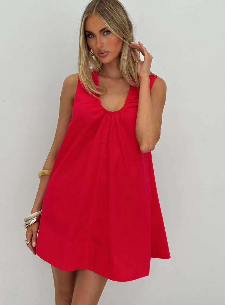 Eberta Ruched Baby Doll Mini Dress Red | Princess Polly US