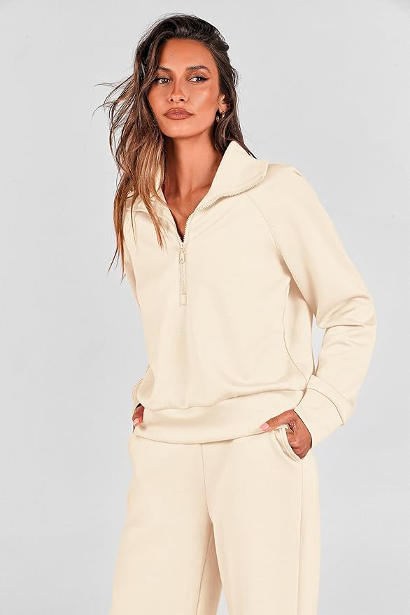 PRETTYGARDEN Women's 2 Piece Outfits Casual Lapel Half Zip Sweatshirts And Wide Leg Pants Tracksu... | Amazon (US)