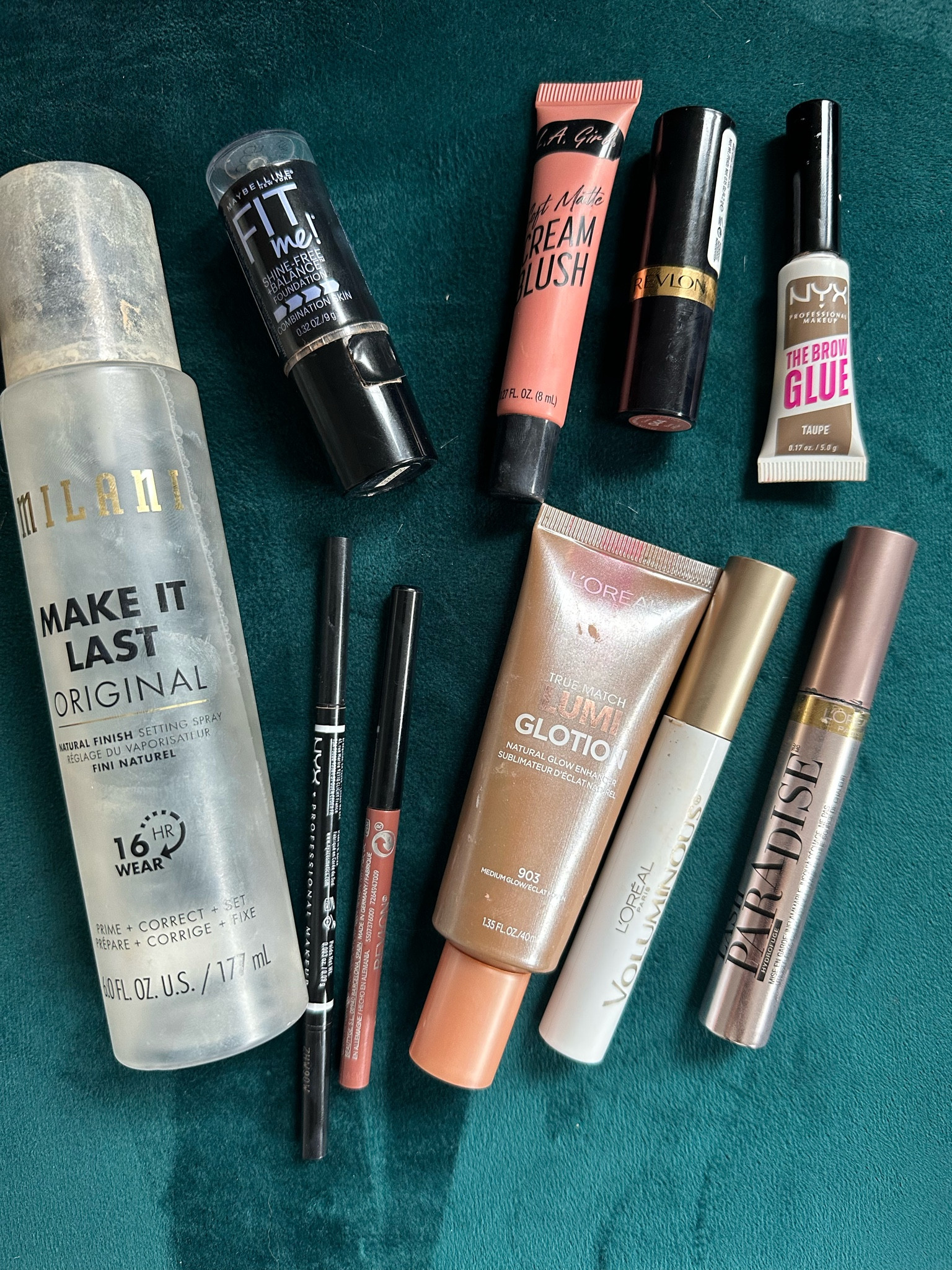My 10 most used drugstore makeup products
1. Milani make it last
2. Fit me foundation stick shade coconut
3. La girl cream blush shade rosebud
4. Revlon lipsticks
5. NYX brow glue
6. a NYX brow pencil
7. Revlon Lipliner
8. Glotion 
9. Loreal lash primer
10. Loreal lash paradise 

#LTKsalealert #LTKbeauty #LTKfindsunder50