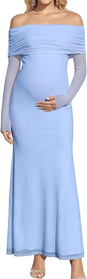 KUTUMAI Off Shoulder Strecth Maternity Dress Long Sleeve Floral Maxi Wedding Guest Pregnancy Baby... | Amazon (US)