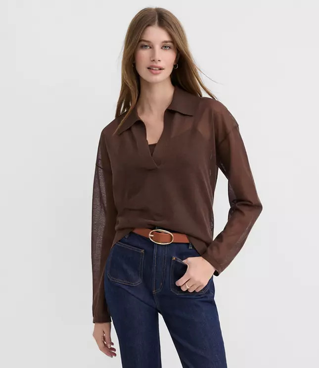 Sheer Collared Split Neck Sweater | LOFT