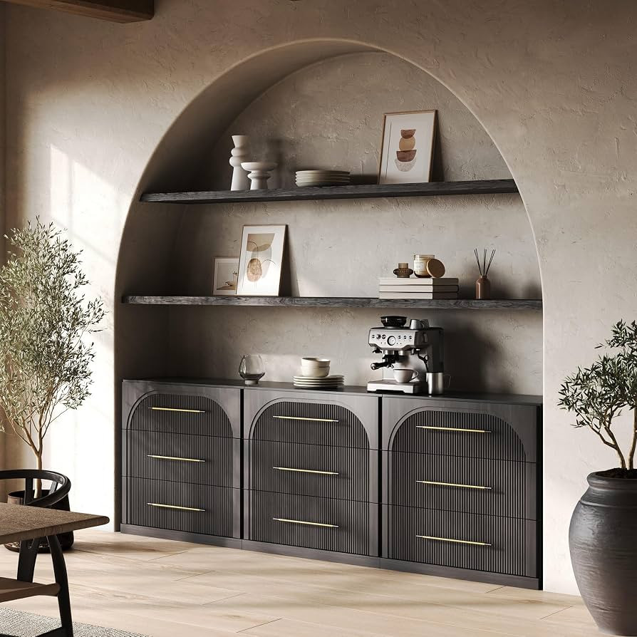 BELLEZE Set of 3 Fluted Modular Sideboard Cabinet, 97'' Classic Modern Buffet Cabinet with 3 Drawers, Accent Credenza Cabinet for Living Room Kitchen Entryway (Ebony) | Amazon (US)