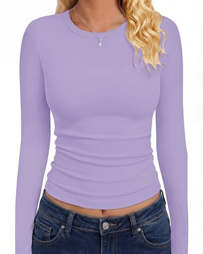 GAYHAY Purple Long Sleeve Shirt Women Basic Crop Shirts Teens Crew Neck Cute Tight Y2K Clothes Going Out Workout Fall 2025 | Amazon (US)