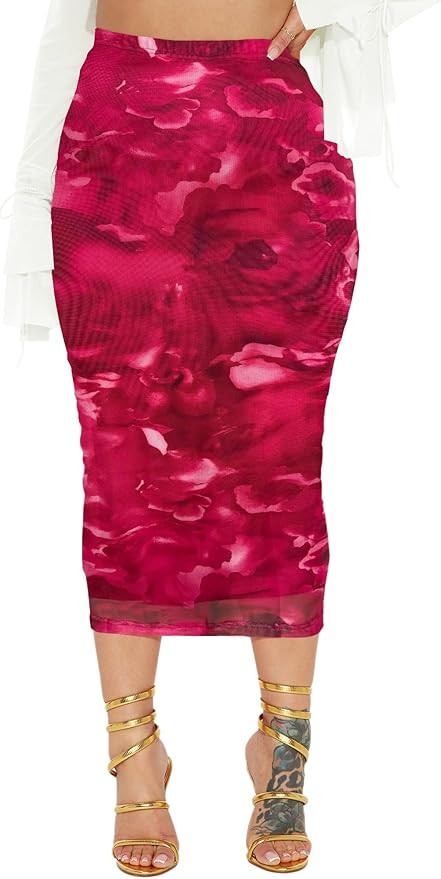 UEOIOW Women's Floral Print Mesh Long Skirt High Waisted Bodycon Pencil Maxi Skirts | Amazon (US)
