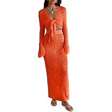 Saodimallsu Womens Crochet Swim Cover Up 2 Piece V Neck Long Sleeve Wrap Tie Crop Tops Beach Boho... | Amazon (US)