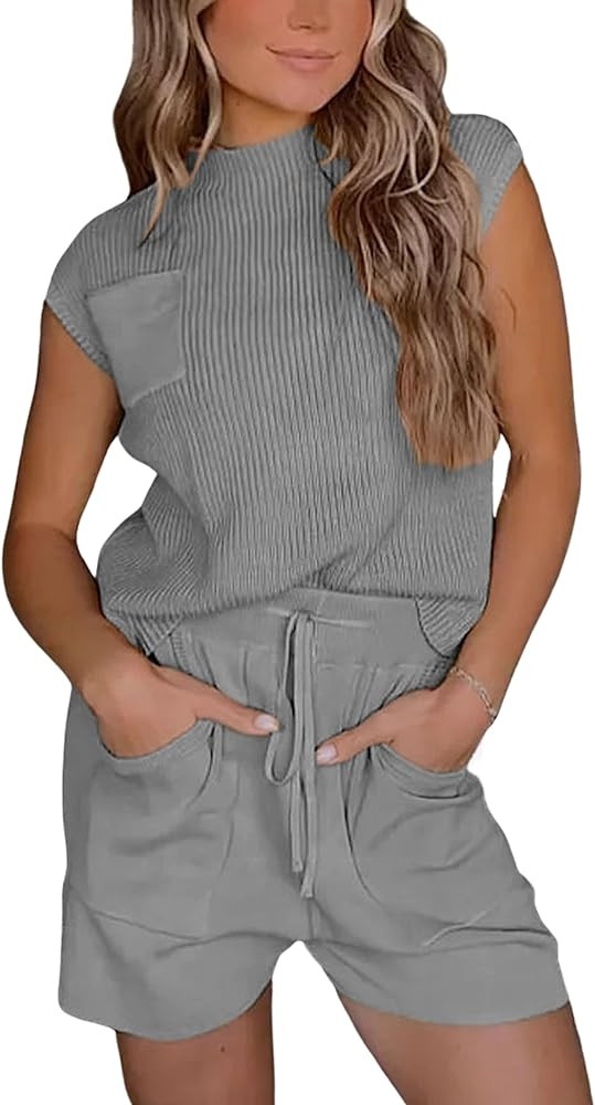 Women's 2 Piece Outfit Sweater Shorts Set Knit Pullover Tops High Waisted Lounge Sets Short Pants | Amazon (US)