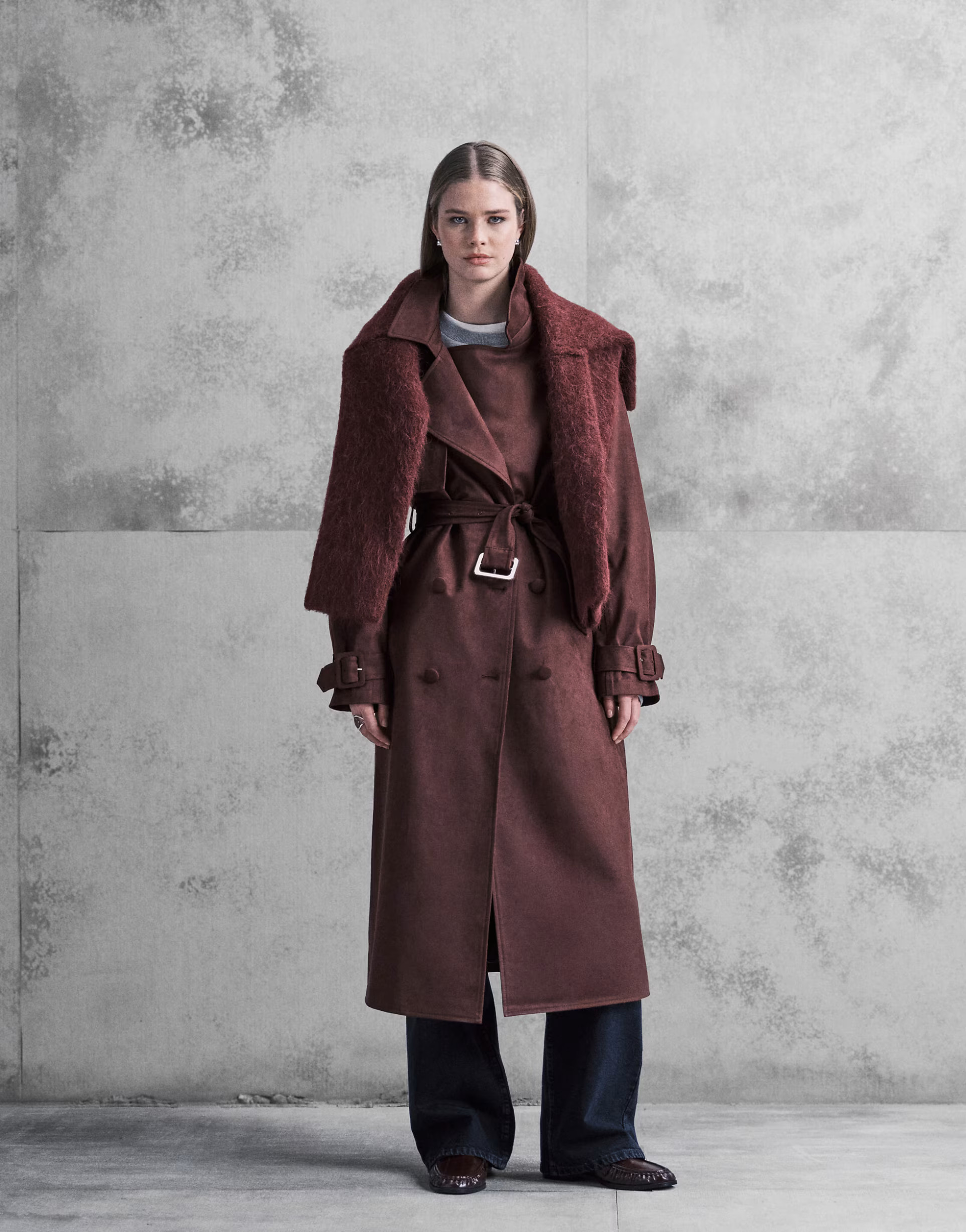 The Frolic exclusive faux suede oversized collar detail belted trench coat in plum | ASOS (Global)