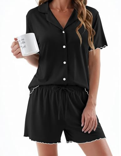 Ekouaer Womens Pajama Sets Button Up Pjs Shorts Sets Soft Sleepwear 2 Piece Lounge Sets for Bridal Parties Nursing, Black, Medium | Amazon (US)