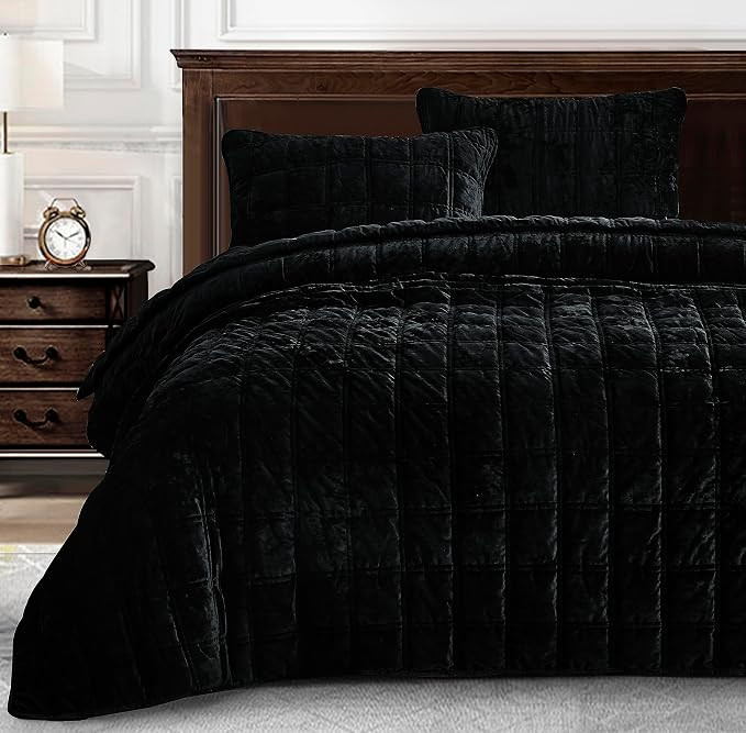 Chezmoi Collection Piers Black Velvet Quilt King Set, 3-Piece Lush Plush Distressed Velvet Beddin... | Amazon (US)