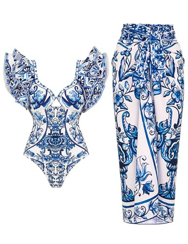 FLAXMAKER Ruffle Blue and White Porcelain Pattern Majolica Print One Piece Swimsuit and Skirt/Sarong (US, Alpha, Large, Regular, Regular, Swimsuit and Sarong) | Amazon (US)