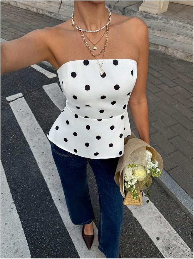 SOLY HUX Women's Polka Dots Tube Top Strapless Sleeveless Bandeau Summer Peplum Tops | Amazon (US)