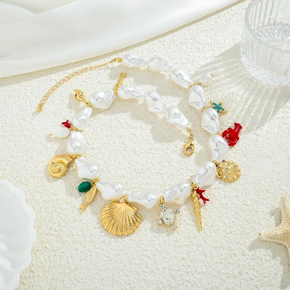 CLASSYZINT Gold Seashell Charms Necklace Simulated Pearl Cherry Ocean Charms Adjustable Necklace ... | Amazon (US)