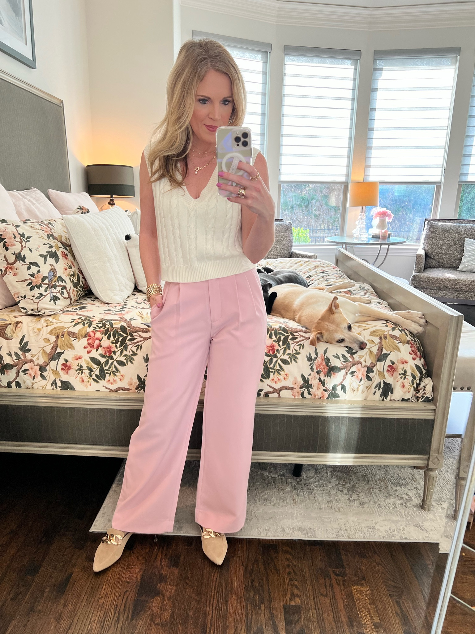 Spring business casual 
Spring office look 
Pink work pants 
Pink work slacks 
Office pants 
Cropped sweater vest 
Steve Madden mules 
Abercrombie Sloan plant 
Abercrombie workwear 

#LTKworkwear #LTKfindsunder100 #LTKSeasonal
