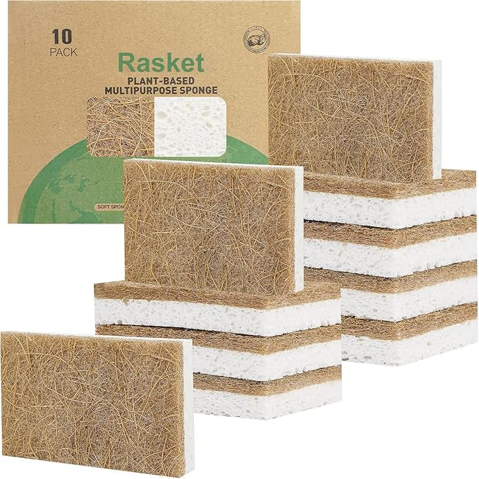 10 Pack Biodegradable Natural Sponges Kitchen - Compostable Cellulose and Coconut Walnut Scrubber... | Amazon (US)