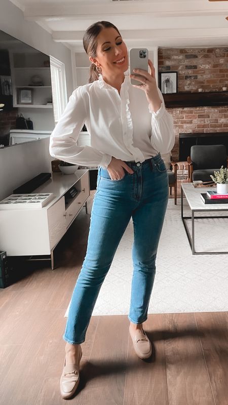 Classic business casual outfit idea. Can’t go wrong with white shirt and jeans. 

#LTKFind #LTKworkwear #LTKstyletip