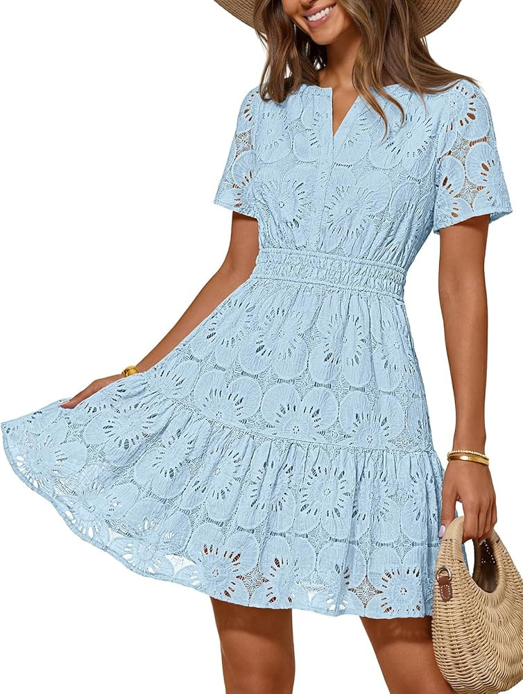 MEROKEETY Women's Summer Lace Boho Mini Dress 2026 Short Sleeve Floral Eyelet A Line Vacation Bea... | Amazon (US)