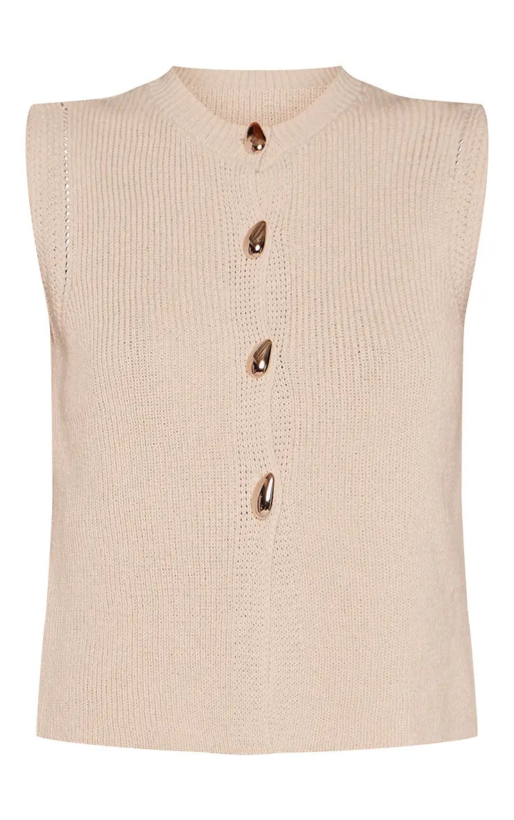 Crochet Knit Gold Button Sleeveless Waistcoat | PrettyLittleThing UK