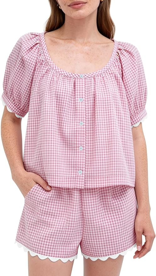 Kissonic Women's Gingham Pajama Set 2 Piece Cotton Pjs Puff Sleeve Scoop Neck Scalloped Trim Shor... | Amazon (US)