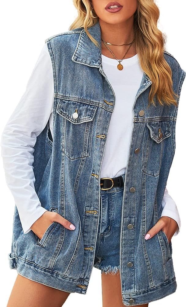 Gratoryna Womens Denim Jean Vest Oversized Sleeveless Button Down Mid Long Denim Jean Jacket | Amazon (US)