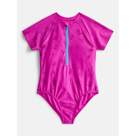 Wonder Nation Girls Zip-Up Rash Guard One-Piece Swimsuit with Short Sleeves Sizes 4-18 | Walmart (US)