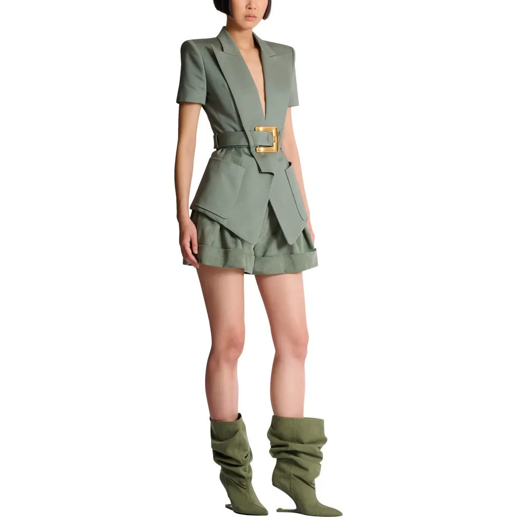 Balmain Belted gabardine Anthem jacket in Green at Nordstrom, Size 42 Eu | Nordstrom