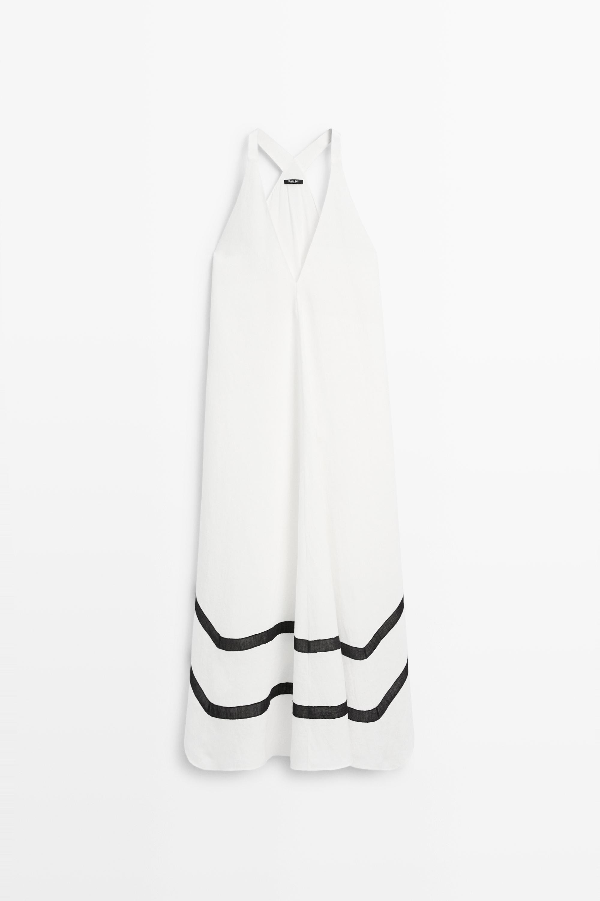 Linen blend midi dress with contrast stripe detail | Massimo Dutti US