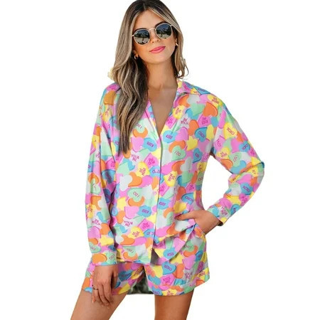 Women's Pink Heart Print V-Neck Pajama Set – Long Sleeve Tunic and Shorts for Daily Comfort [ZhiHiMeRi] | XL | Walmart (US)