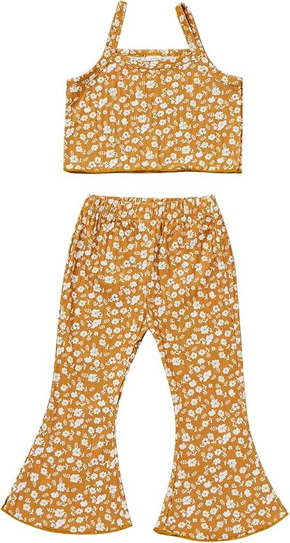 ToddlerBaby Girl Flare Outfits Floral Print Strap Crop Tank Top Wide Leg Pants Bell Bottoms Summe... | Amazon (US)