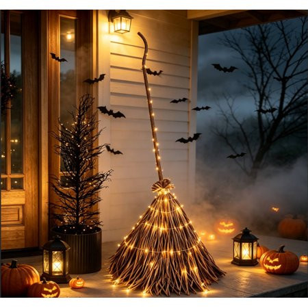 5.5 Ft Giant Light Up Halloween Witch Broom - Rustic Farmhouse Fall Decor, Warm LED Hanging Halloween Decorations for Indoor Outdoor Front Door Porch | Walmart (US)