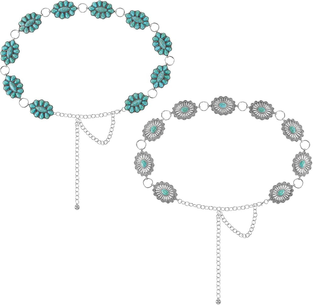 2 Pcs Turquoise Concho Chain Belt Adjustable Waist Belts for Women Western Metal Silver Belt for ... | Amazon (US)
