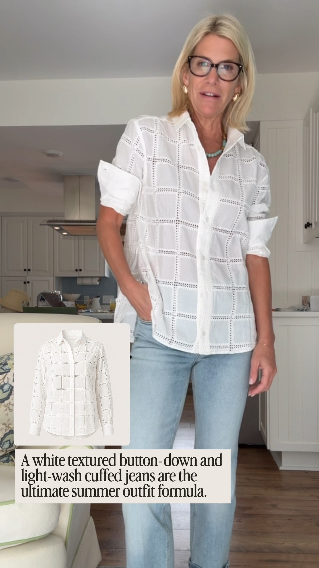 A crisp white textured shirt paired with light-wash cuffed denim creates an effortlessly polished look that’s comfortable, timeless, and incredibly versatile.

👩‍💻 LTK PRO TIPS
❤️ Heart = Support my posts ;-)
🔖 Save = Keep this outfit for easy summer inspiration.
📋 Lists = Organize your favorite wardrobe staples.
📲 Share = Send this to a friend who loves effortless style.
💬 Comment = Is a white button-down one of your summer essentials?

#LTKootd #LTKOver40 #LTKSeasonal