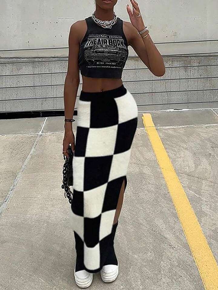 Checkerboard Pattern Knit Skirt | SHEIN