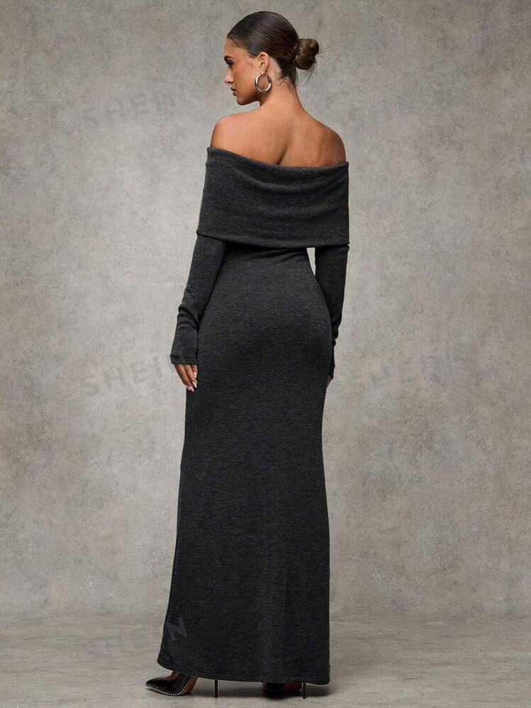 SHEIN BAE Women Elegant Grey Off-Shoulder Fitted Long Fall Dress,Elegant Women Dresses,Fall Weddi... | SHEIN