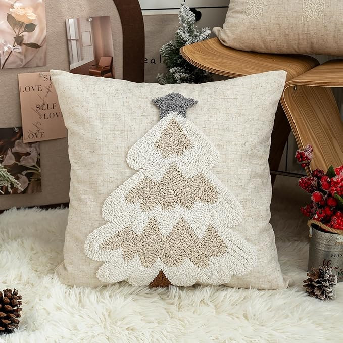 Tufted Christmas Tree Embroidery Pillow Cover, Burlap Holiday Farmhouse Decorative Throw Pillow S... | Amazon (US)