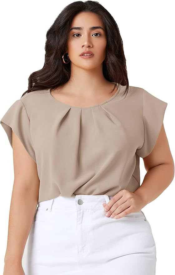 Milumia Women's Plus Size Pleated Top Crew Neck Cap Sleeve Office Work Blouse Shirt | Amazon (US)