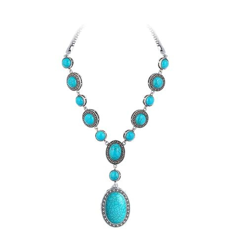 Cykdohy Vintage Oval Turquoise Y-Shaped Pendant Necklace for Women Long Western Bohemian Handmade Beaded Chain Necklaces Boho Trendy Cowgirl Retro Natural Green Gemstone Collar Bib Jewelry Gifts | Amazon (US)