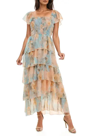 Socialite Smocked Bodice Ruffle Maxi Dress in Peach/Aqua at Nordstrom Rack, Size X-Large | Nordstrom Rack
