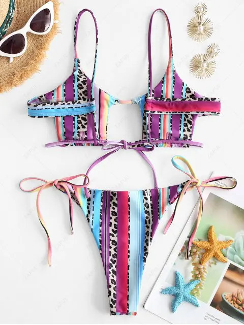 ZAFUL Leopard Panel Striped Cutout Tie Tanga Bikini Swimwear - Multi S | ZAFUL (Global)