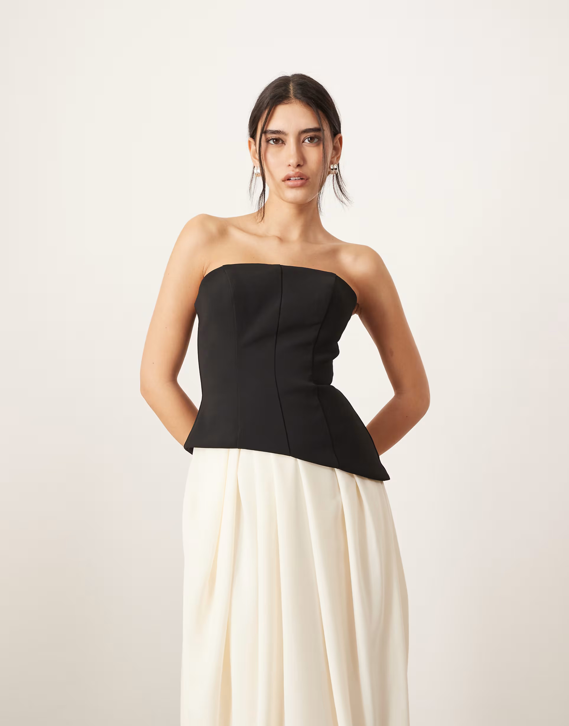 ARRANGE sculpted bandeau with drape tulip skirt midi dress in contrast mono | ASOS (Global)
