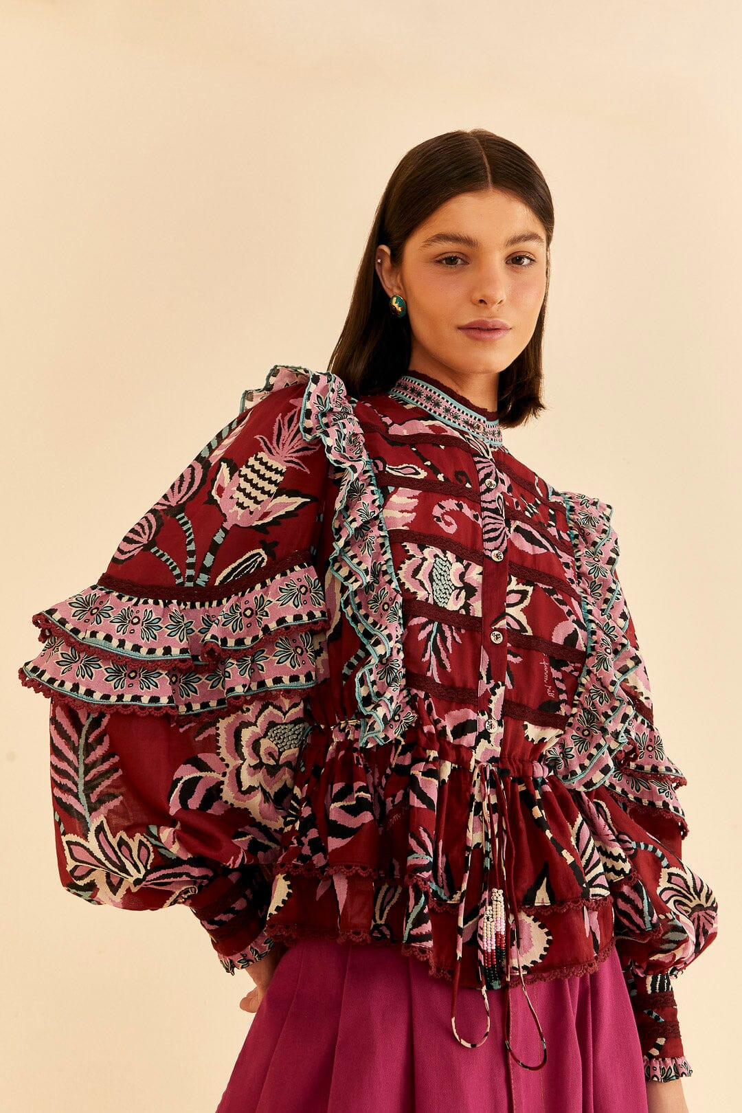 Burgundy Pineapple Inspiration Ruffle Blouse | FarmRio (US)