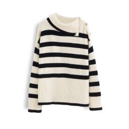 Buttoned Neck Striped Oversize Sweater in Cream | Chicwish