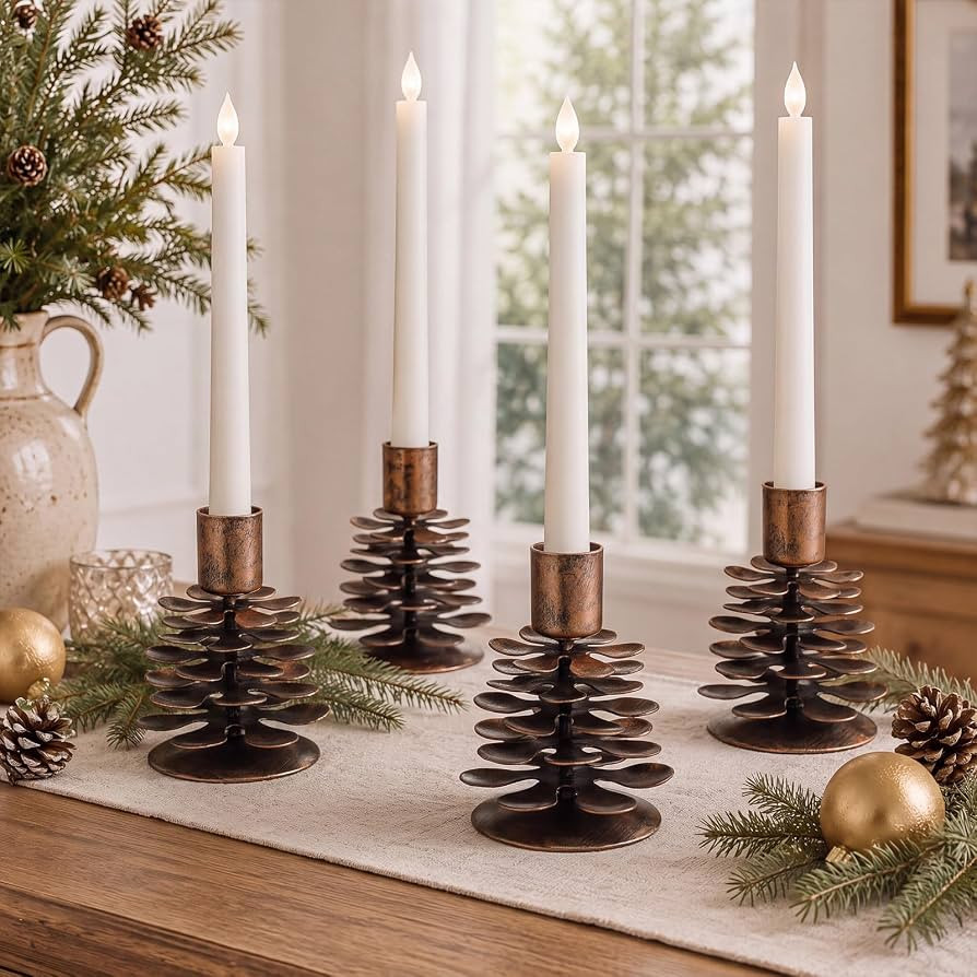 Yungyan 4 Pcs Christmas Pine Cone Taper Candle Holders 3.1 Inch Christmas Pinecone Candle Holder ... | Amazon (US)